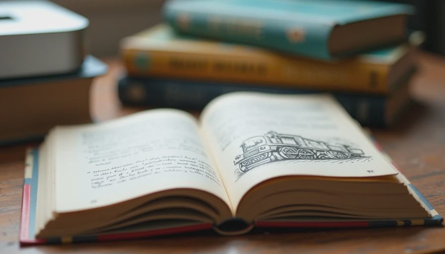 Handwritten notes on a children's book with a small computer nearby.