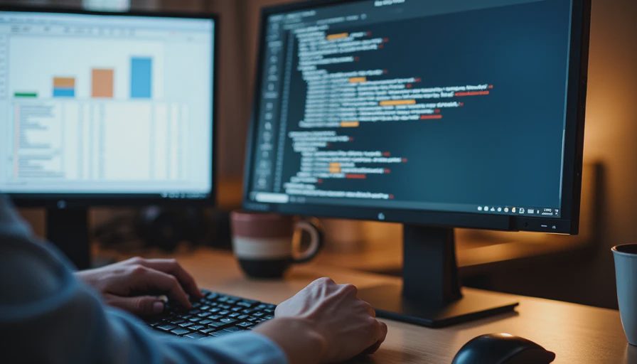 Developer looking at data analysis and text files on two monitors.
