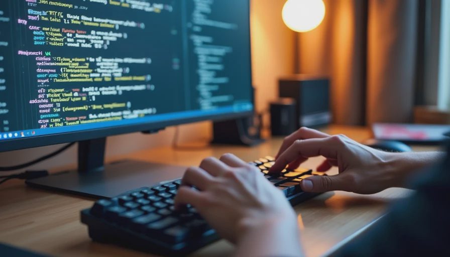 Developer typing on a keyboard in front of terminal search results.