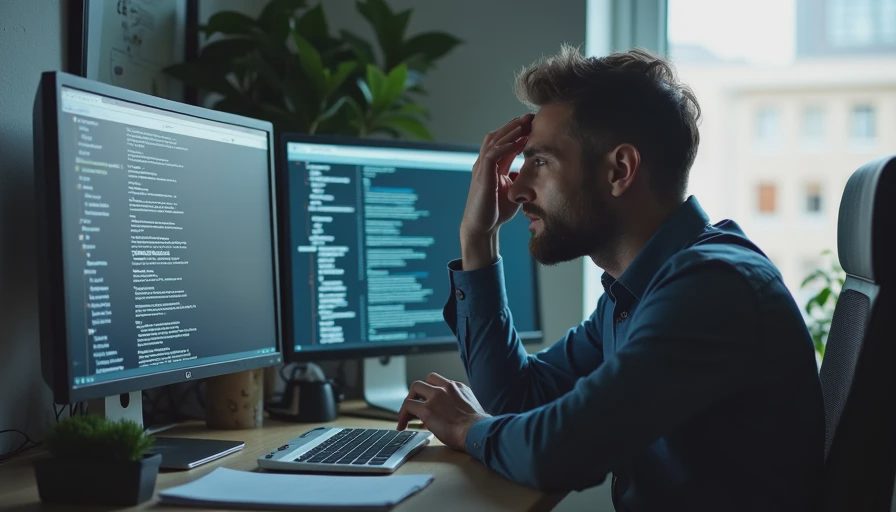 Programmer reviewing search results filled with nearly identical documents.