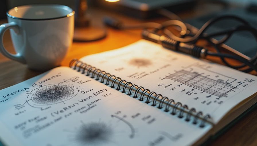 Close-up of a notebook with benchmark data and tangled cables, symbolizing initial dataset noise.