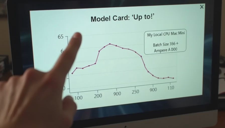 A developer points to a model card’s optimistic performance figure and its lower, realistic local equivalent on a computer screen.