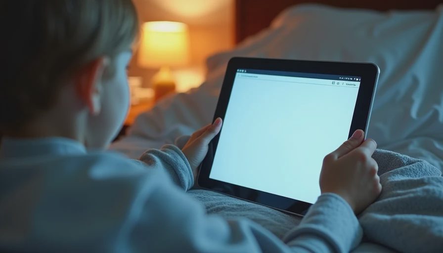 Tired parent's hand holding a simple tablet interface for finding bedtime stories.
