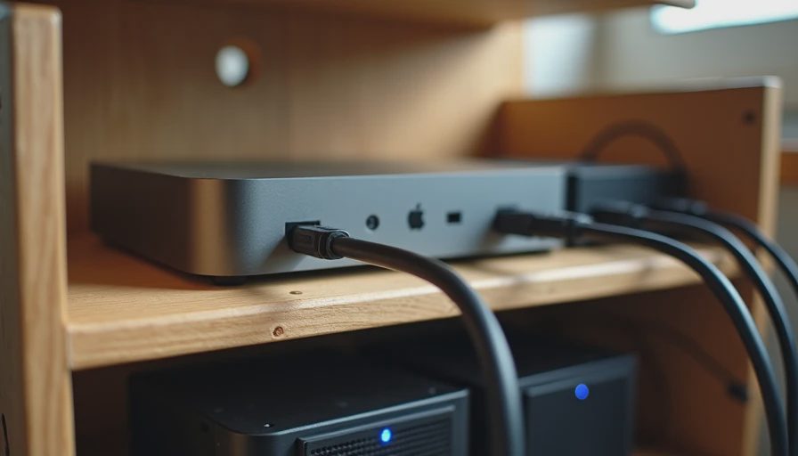 A view into a functional home lab closet, showing compact computers used for reproducible local benchmarks.