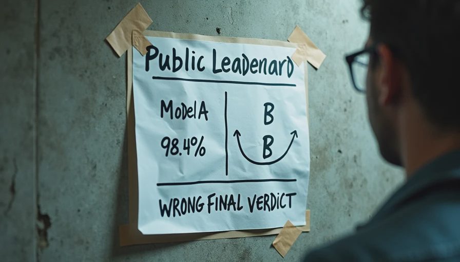 A handwritten note critiques a public leaderboard for treating a non-significant metric difference as a final verdict.