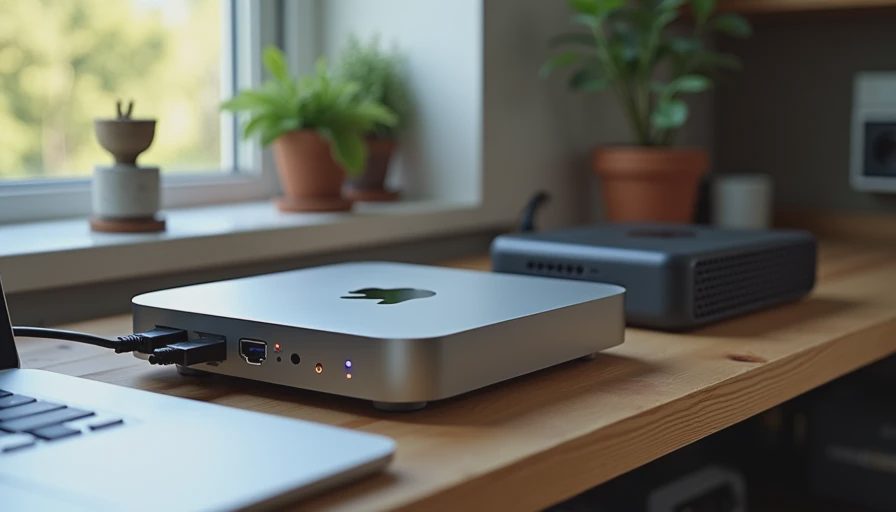 A single Mac Mini M2 and a low-power NUC operating on a wooden shelf in a home lab.