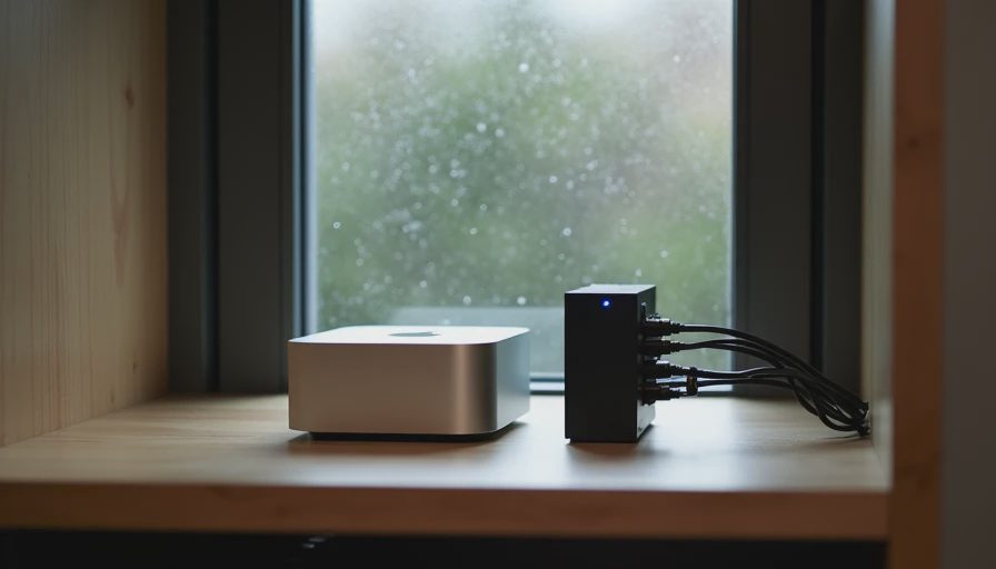 A Mac Mini and a low-power NUC operating side-by-side on a wooden shelf in a home lab.