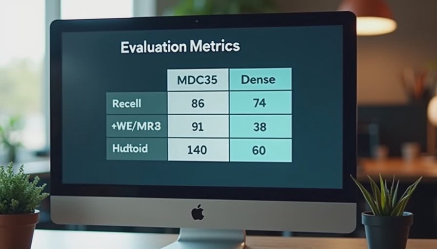 A computer screen displaying the evaluation metrics table comparing BM25, Dense, and Hybrid search systems.