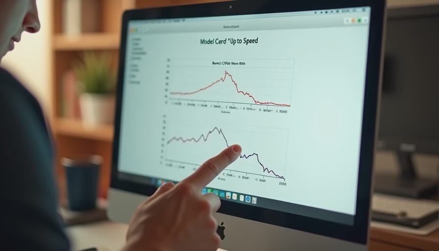 A developer points to a model card’s optimistic performance figure and its lower, realistic local equivalent on a computer screen.